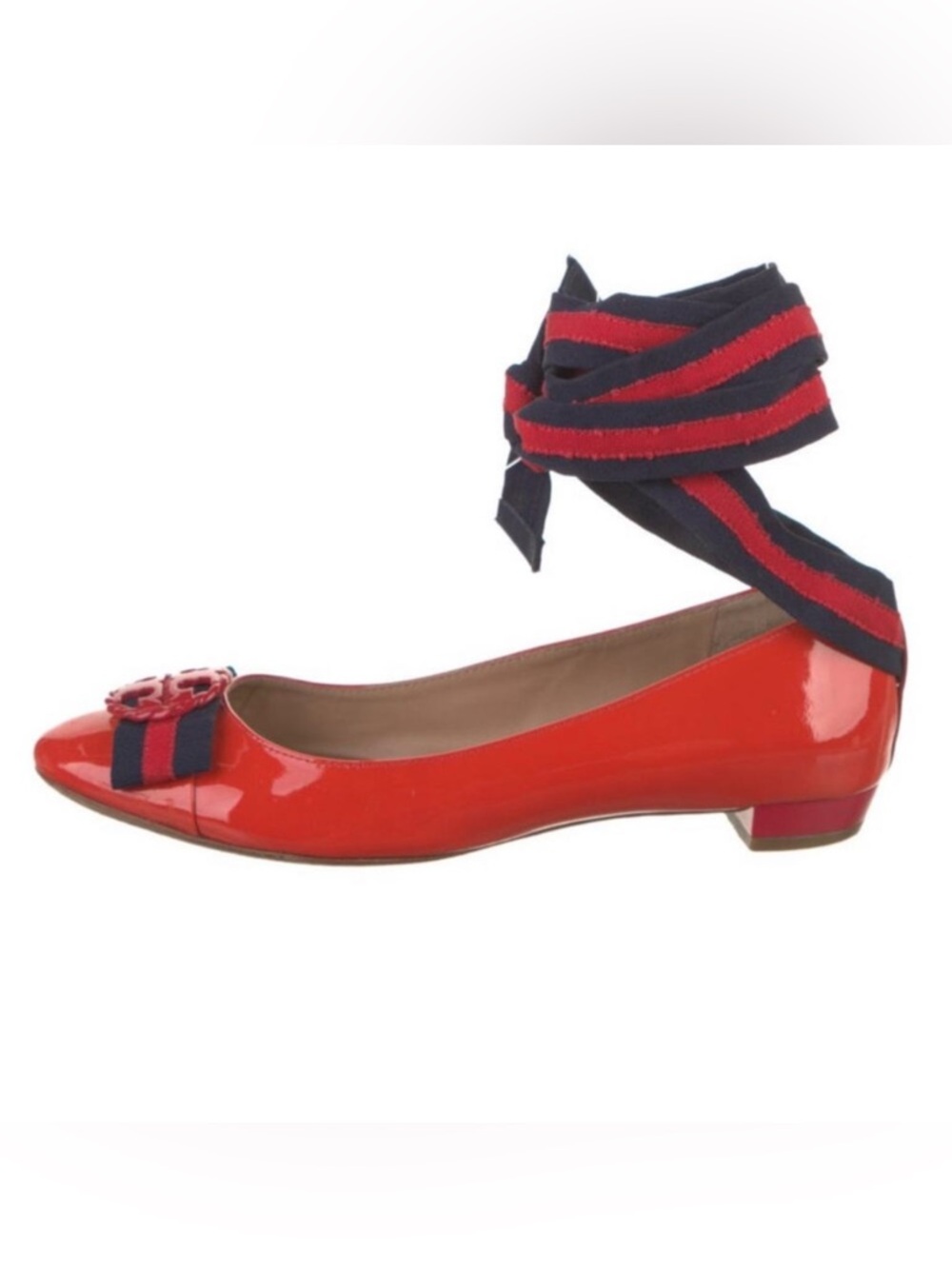 Tory Burch Maritime Ankle Wrap Ballet Flats Red Navy Patent Size 9